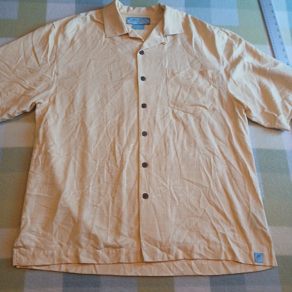 Bermuda Bay M Shirt Silk Hawaiian Camp Short Sleeve Beige Mens Button Down